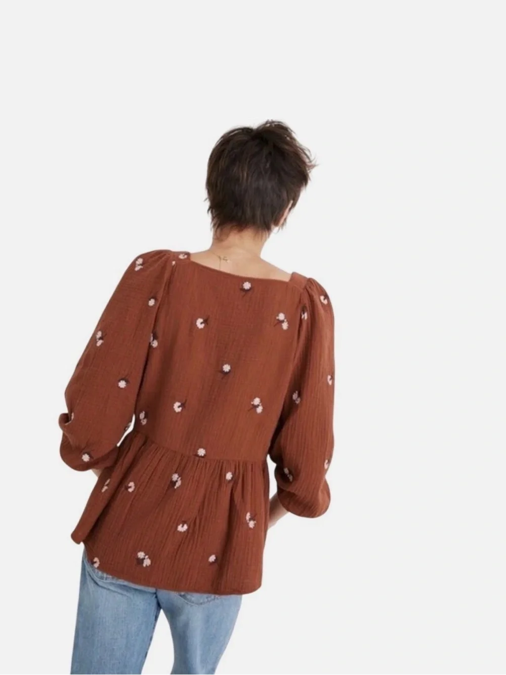 Madewell Rust Brown Floral Square-Neck Peplum Blouse